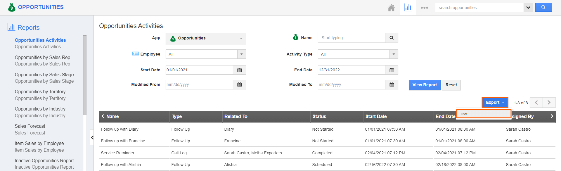 Opportunities - Export CSV